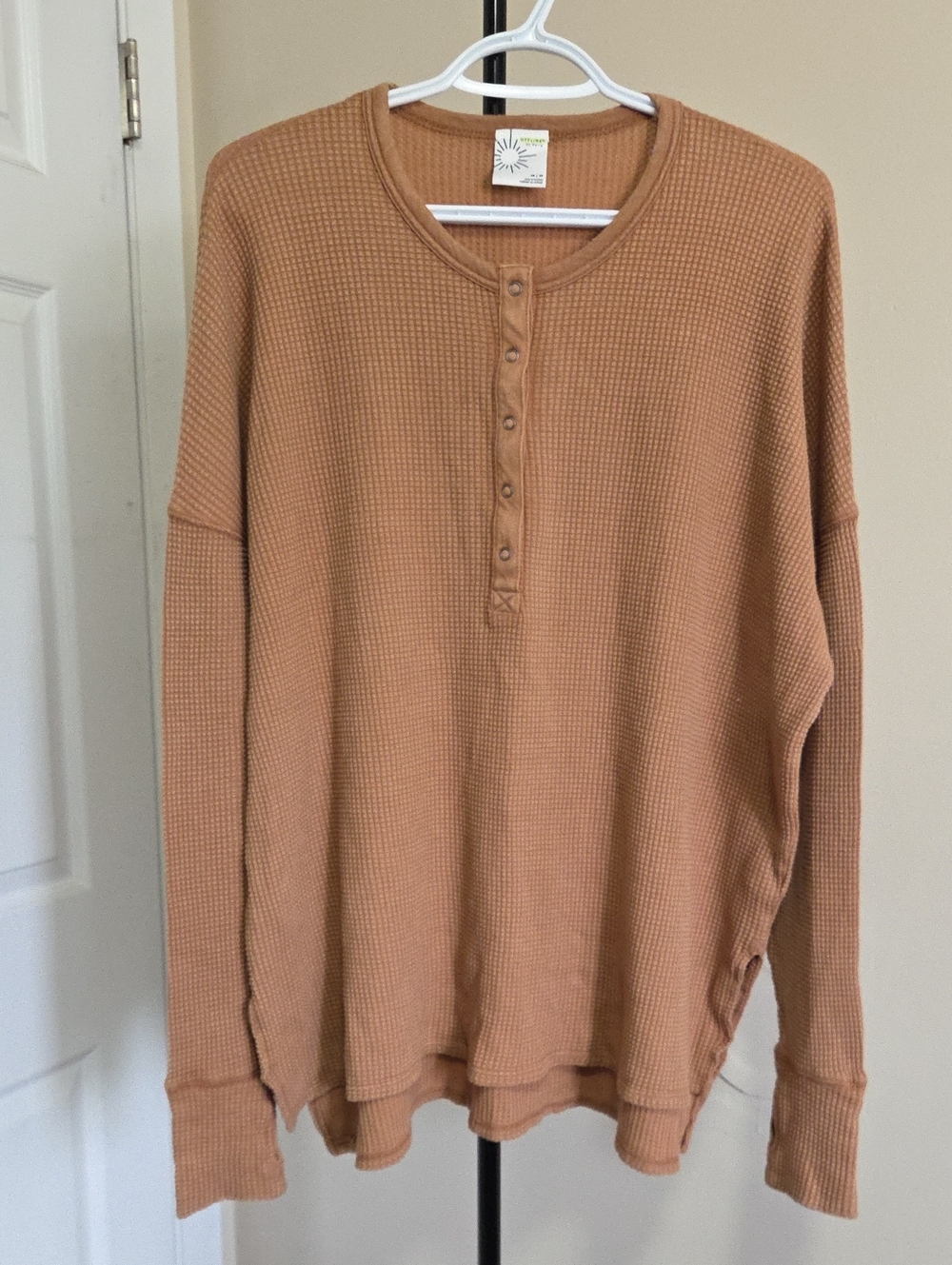 aerie Waffle-Knit Henley Sweater in Camel